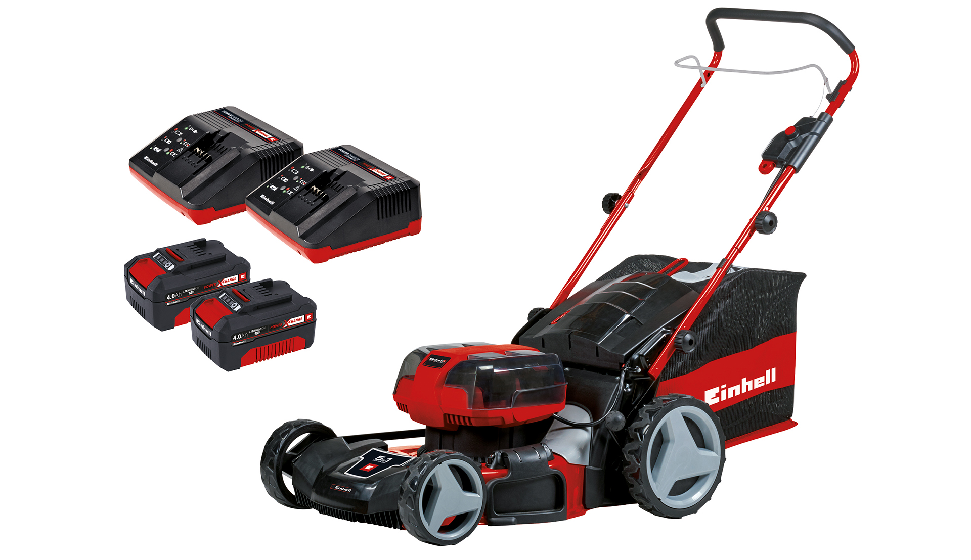 A cordless lawn mower with two batteries and two chargers.