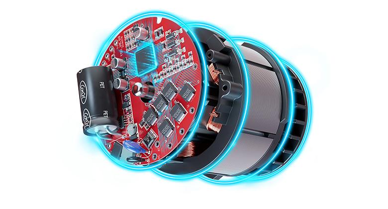 A graphical representation of a brushless electric motor showing its electronics and copper windings.